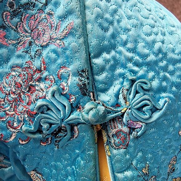 Vtg Peony Chinese Silk-Like Jacket Womens Small Blue Embroidered Mandarin Collar - Picture 8 of 12